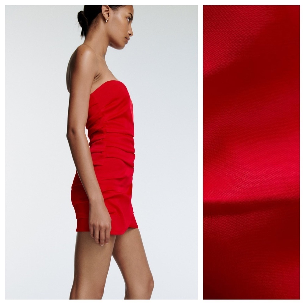 Zara Strapless Red Ruched Mini Dress - Picture 5 of 13